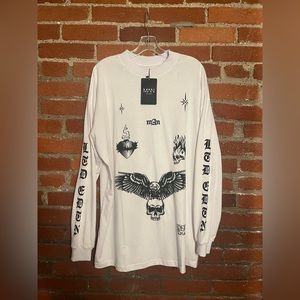 NEW Oversized Distressed Collar Gothic Tattoo Print Long Sleeve Shirt